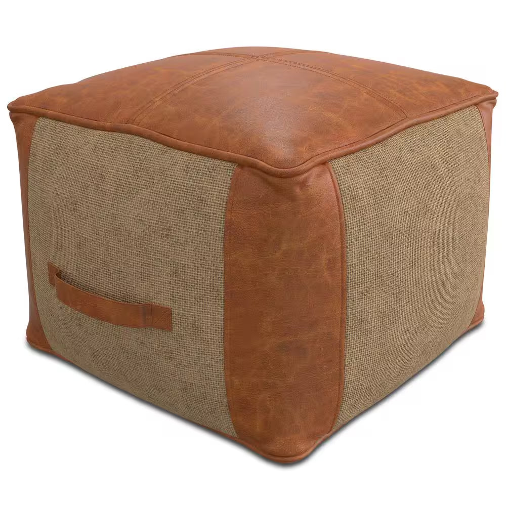 Atkinson Boho Tan Genuine Leather Square Pouf