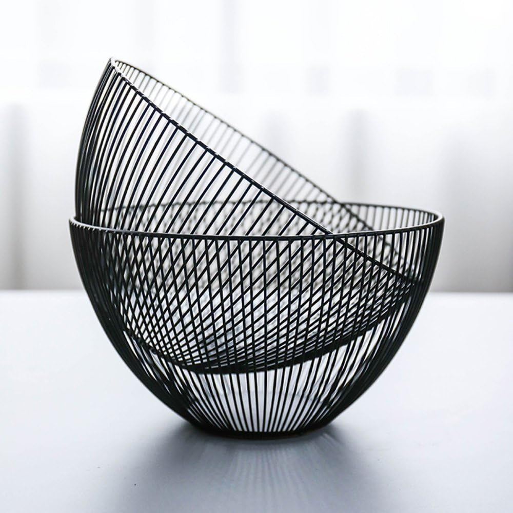 Metal Wire Fruit Basket, Black Fruit Vegetable Bowl for Kitchen Counter, round Produce Storage Basket for Veggie Snack (Round A)