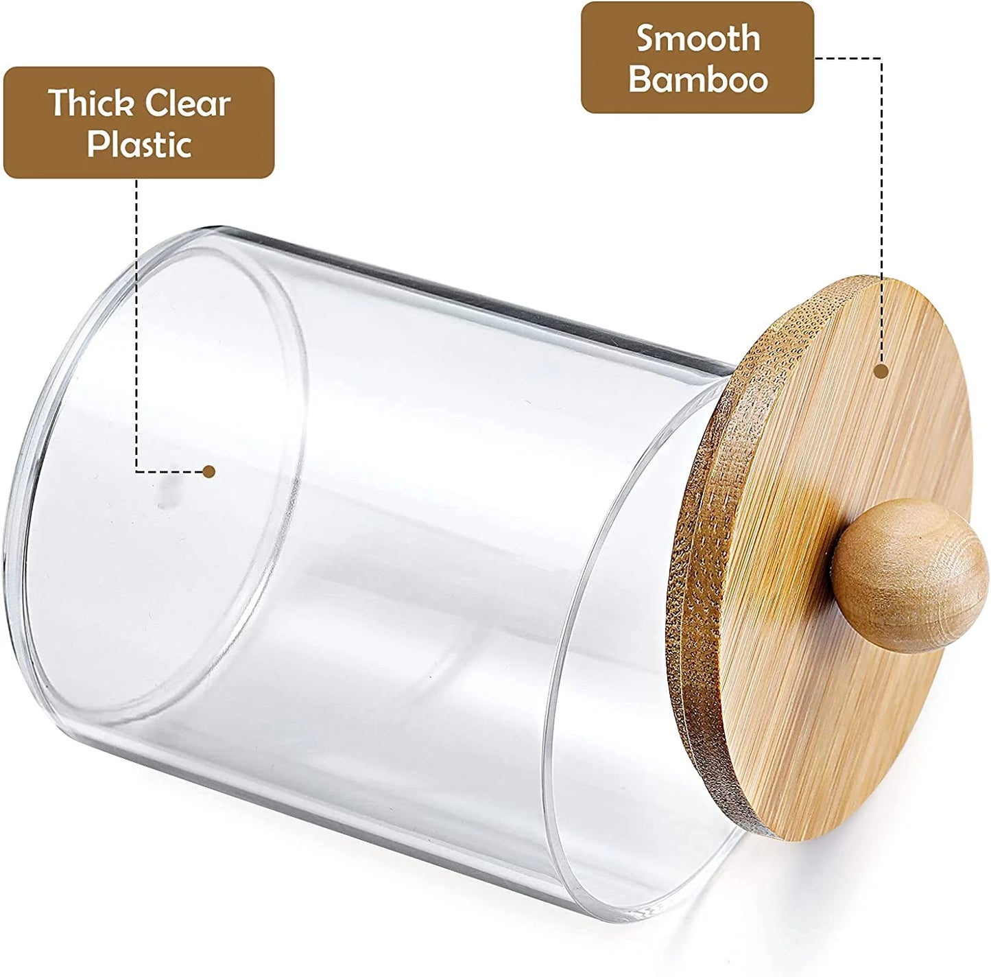 4 Pack Qtip Holder Dispenser with Bamboo Lids - Clear Plastic Apothecary Jar for Makeup Storage - Bathroom Set