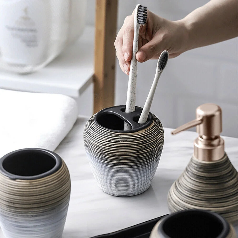 Bathroom Accessory Set 6 Pcs Retro Ceramics Bathroom Vanity Countertop Accessory Set Bathroom Decor Accessories with Soap Dispenser Toothbrush Holder Soap Dish Gargle Cup Tray
