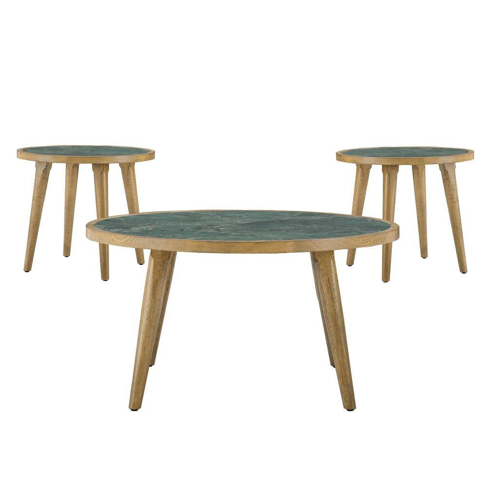 Novato 34 In. round Green Stone Top Coffee Table and 2-End Tables (3-Piece)