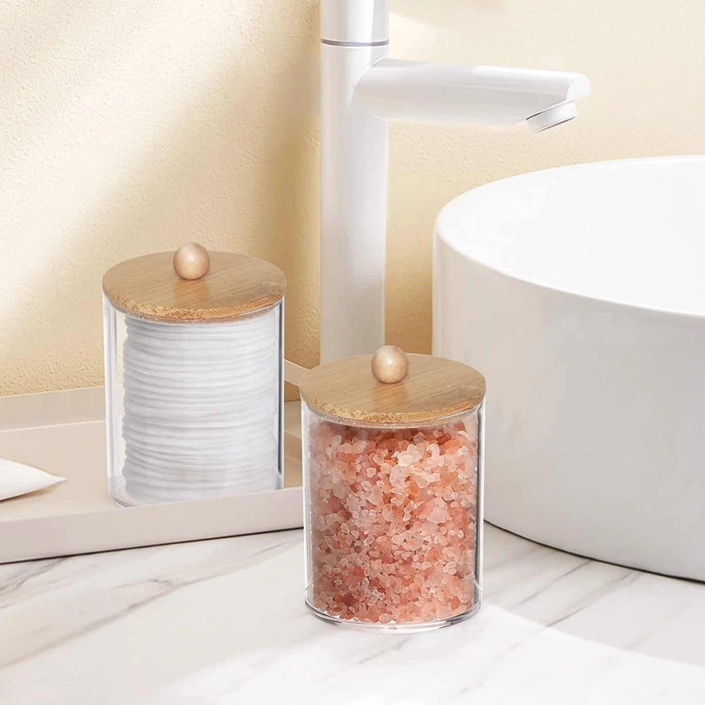 4 Pack Qtip Holder Dispenser with Bamboo Lids - Clear Plastic Apothecary Jar for Makeup Storage - Bathroom Set