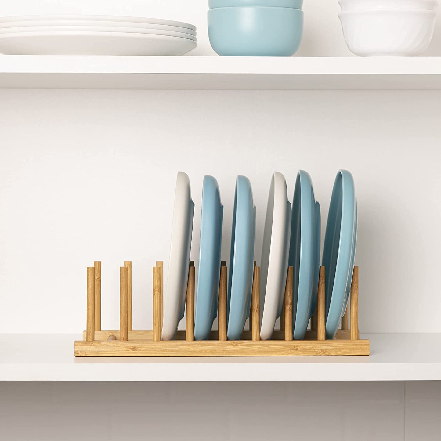 2Pcs Bamboo Dish Plate Bowl Cup Book Pot Lid Cutting Board Drying Rack Stand Drainer Storage Holder Organizer Kitchen Cabinet(Keep Dry)