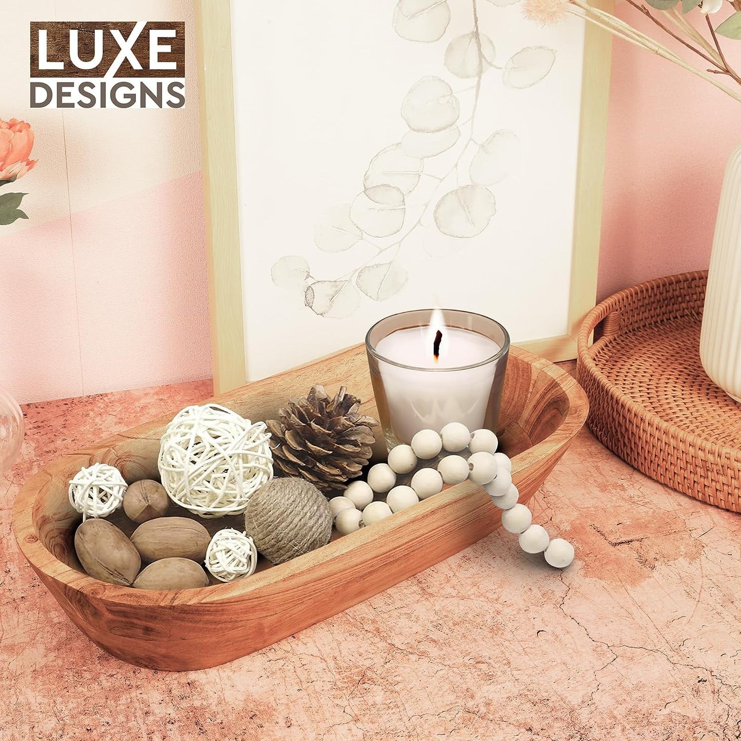 | Handmade Decorative Wooden Bowl for Home, Bathroom and Kitchen Counter | Acacia Wood Large Dough Bowl Fits Cosmetics, Keys & More | 17"L X 3" H X 8" W