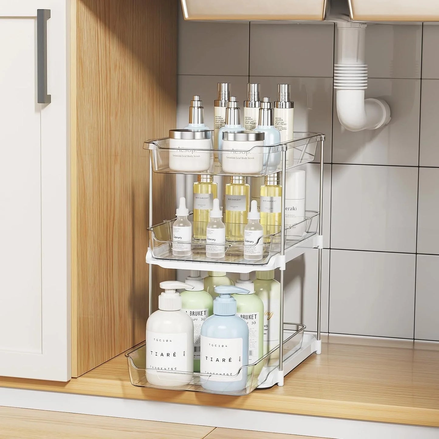 3-Tier Multi-Purpose Bathroom under Sink Organizers and Storage, Stackable Clear Pantry Organization and Storage, Pull Out Kitchen Cabinet Organizer with Movable Dividers