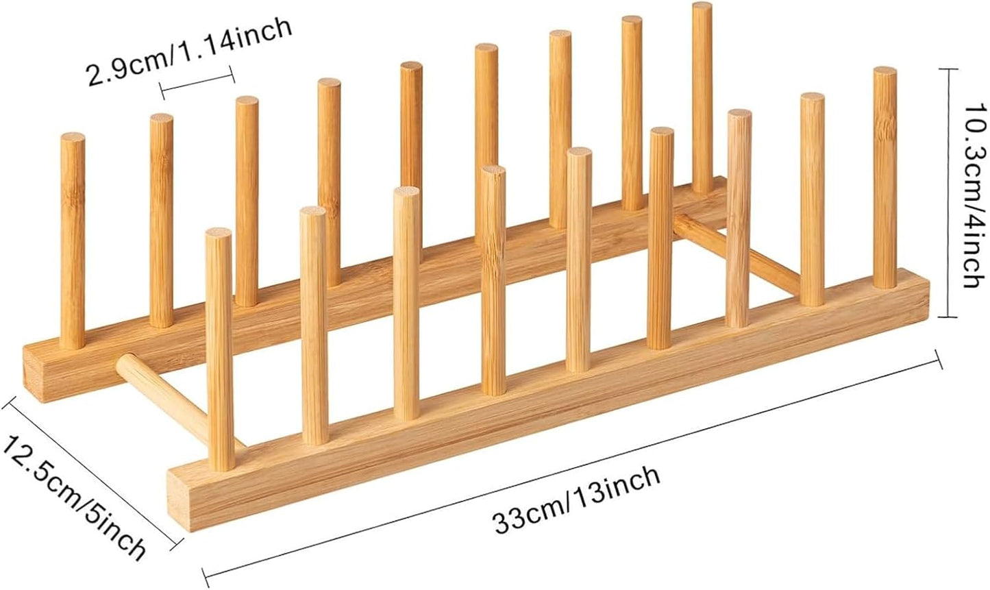 2Pcs Bamboo Dish Plate Bowl Cup Book Pot Lid Cutting Board Drying Rack Stand Drainer Storage Holder Organizer Kitchen Cabinet(Keep Dry)