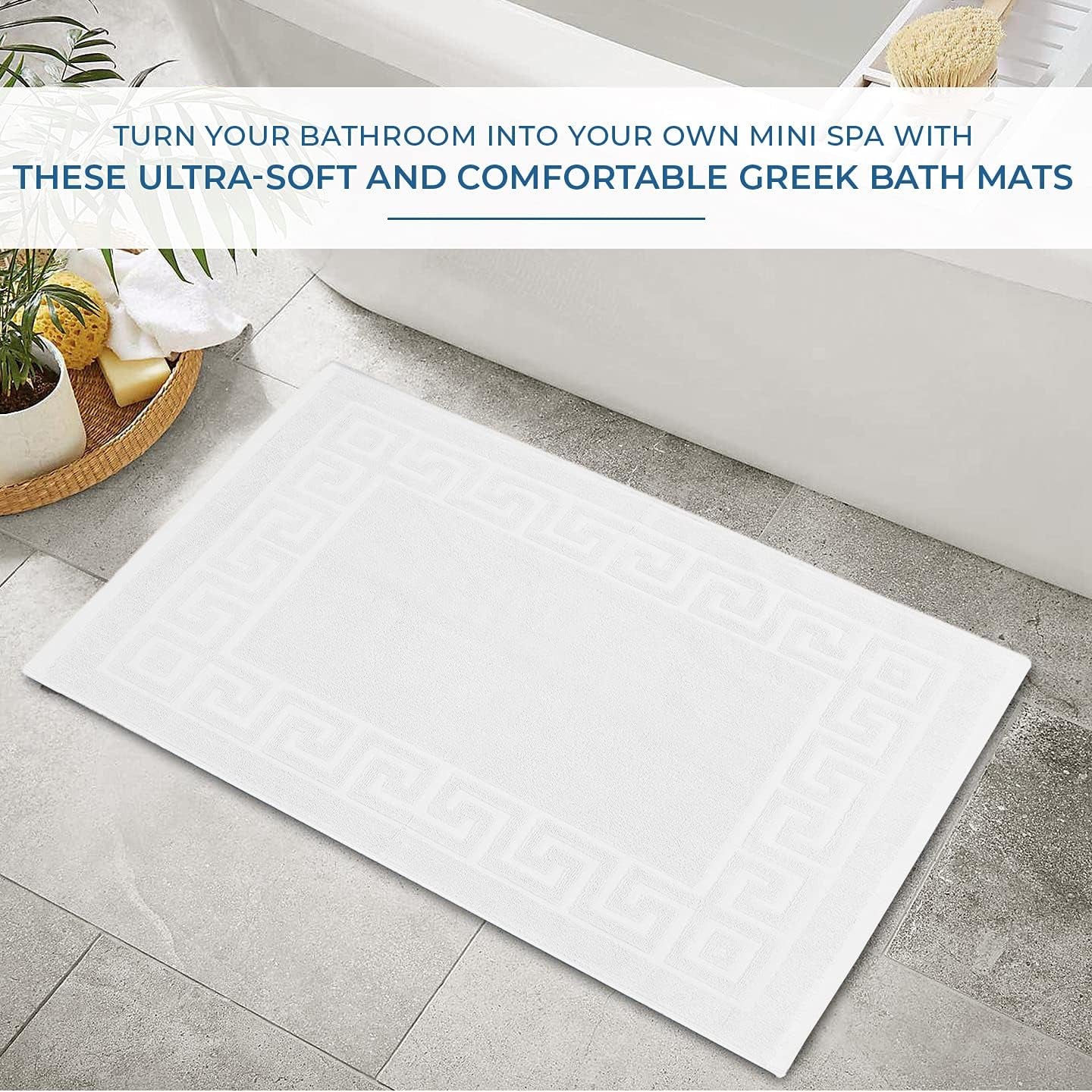 Greek Bath Mat - White, 100% Ring Spun Cotton, Pack of 2, 20X32 Inches, 800 GSM, Non-Slip, Absorbent, Quick Drying, Machine Washable Bathroom Floor Mats for Shower, Kitchen & Bath