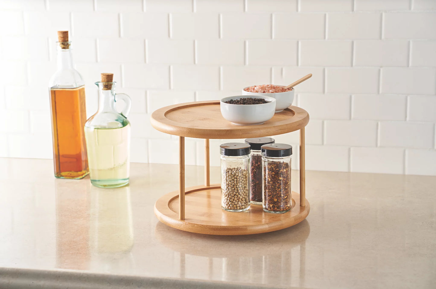 Kitchen Organizer Bamboo Turntable 2-Tier Spice Rack, 10.04 DIA X 6.89 In