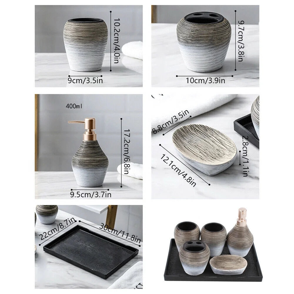 Bathroom Accessory Set 6 Pcs Retro Ceramics Bathroom Vanity Countertop Accessory Set Bathroom Decor Accessories with Soap Dispenser Toothbrush Holder Soap Dish Gargle Cup Tray