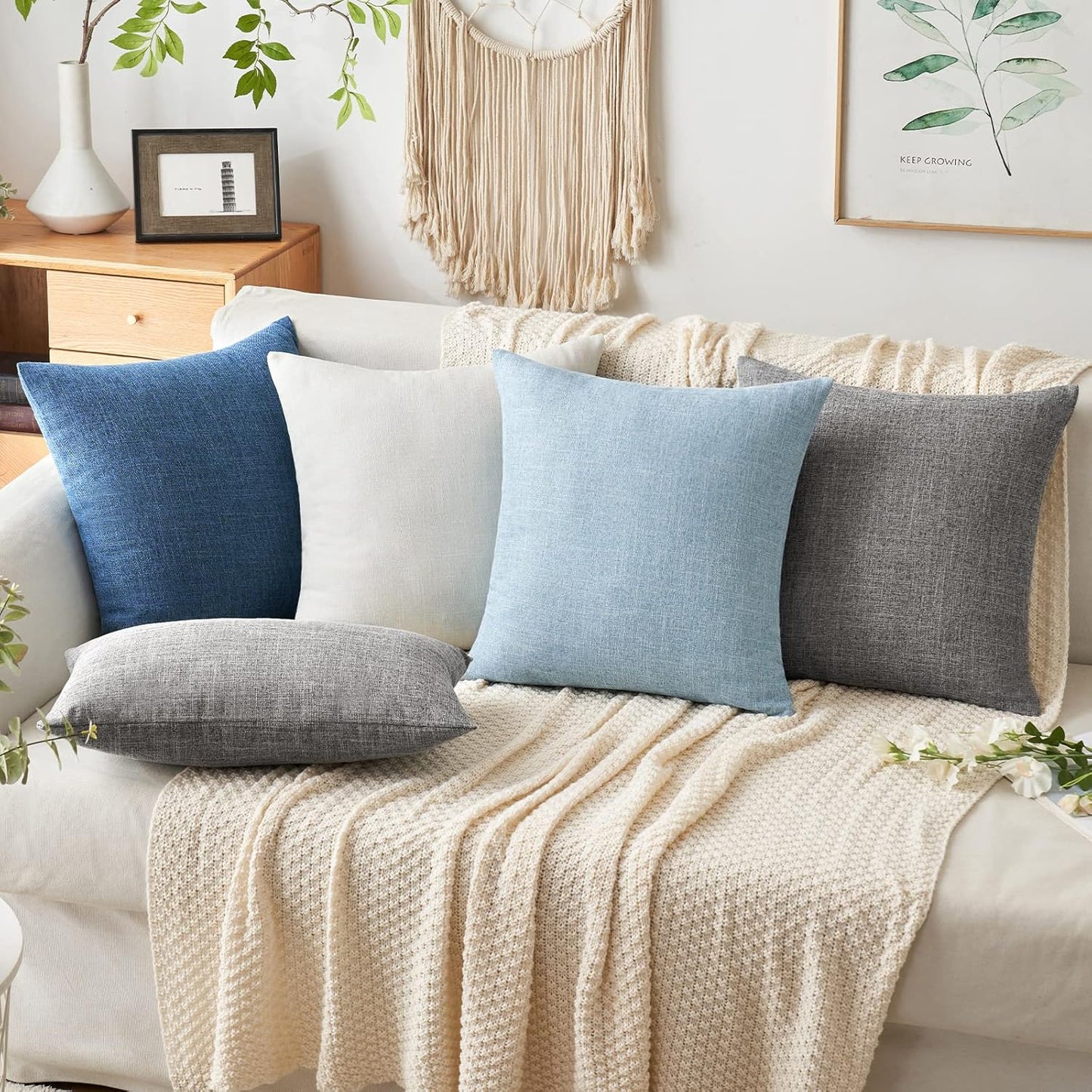 Pack of 2 Decorative Linen Burlap Coastal Pillow Covers Farmhouse Boho Accent Pillowcases for Sofa Car Couch Bedroom Living Room Home Decor 18X18 Inch Light Blue