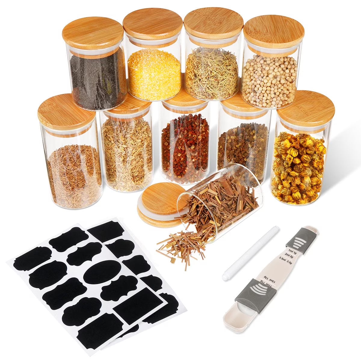 Glass Airtight Food Storage Canister with Measuring Spoon, Set of 10