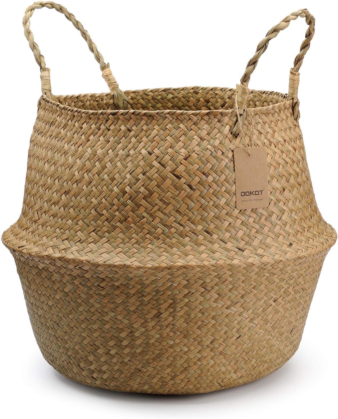 Seagrass Plant Basket with Handles, round Storage Wicker Basket (10.6Inch Diameter X 12.5Inch Height, Natural)