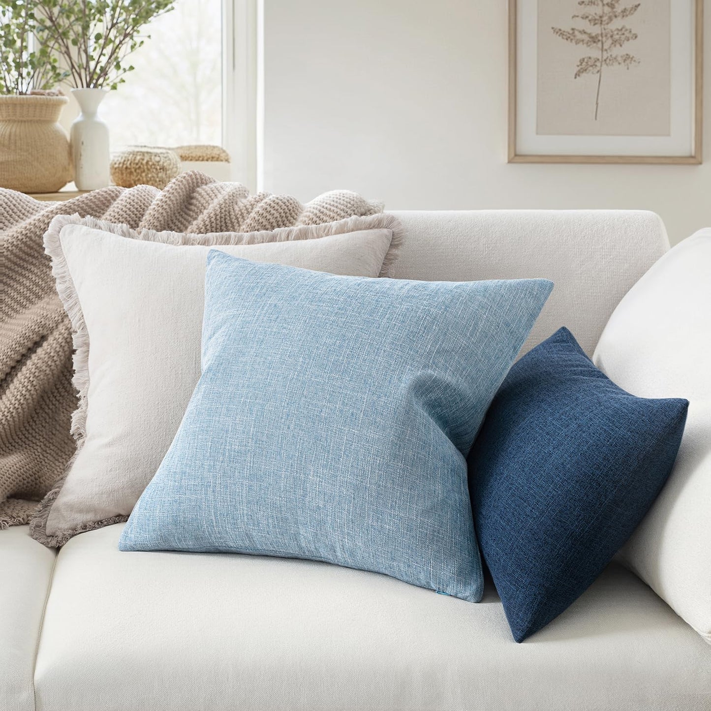 Pack of 2 Decorative Linen Burlap Coastal Pillow Covers Farmhouse Boho Accent Pillowcases for Sofa Car Couch Bedroom Living Room Home Decor 18X18 Inch Light Blue