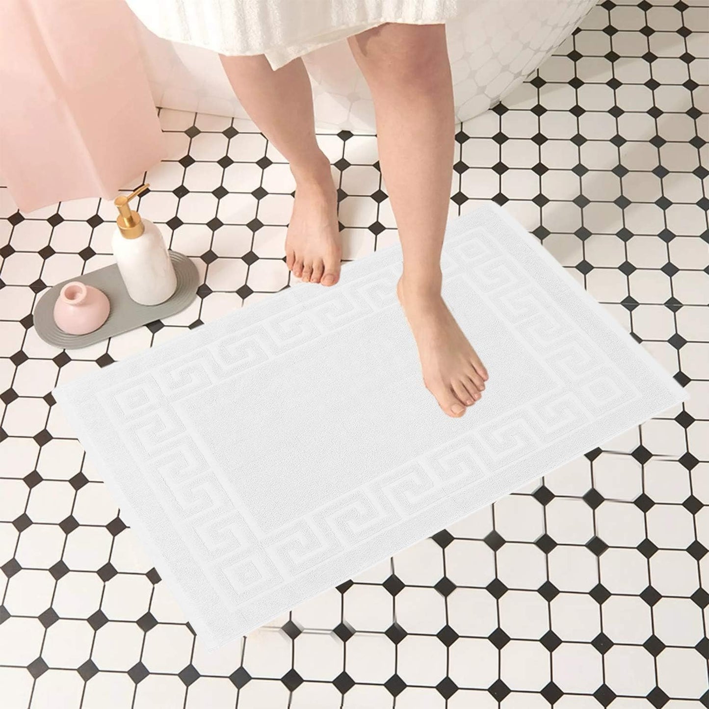 Greek Bath Mat - White, 100% Ring Spun Cotton, Pack of 2, 20X32 Inches, 800 GSM, Non-Slip, Absorbent, Quick Drying, Machine Washable Bathroom Floor Mats for Shower, Kitchen & Bath
