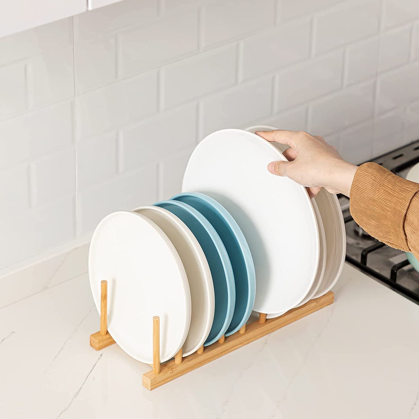 2Pcs Bamboo Dish Plate Bowl Cup Book Pot Lid Cutting Board Drying Rack Stand Drainer Storage Holder Organizer Kitchen Cabinet(Keep Dry)