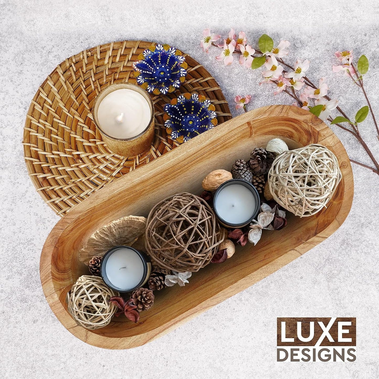 | Handmade Decorative Wooden Bowl for Home, Bathroom and Kitchen Counter | Acacia Wood Large Dough Bowl Fits Cosmetics, Keys & More | 17"L X 3" H X 8" W