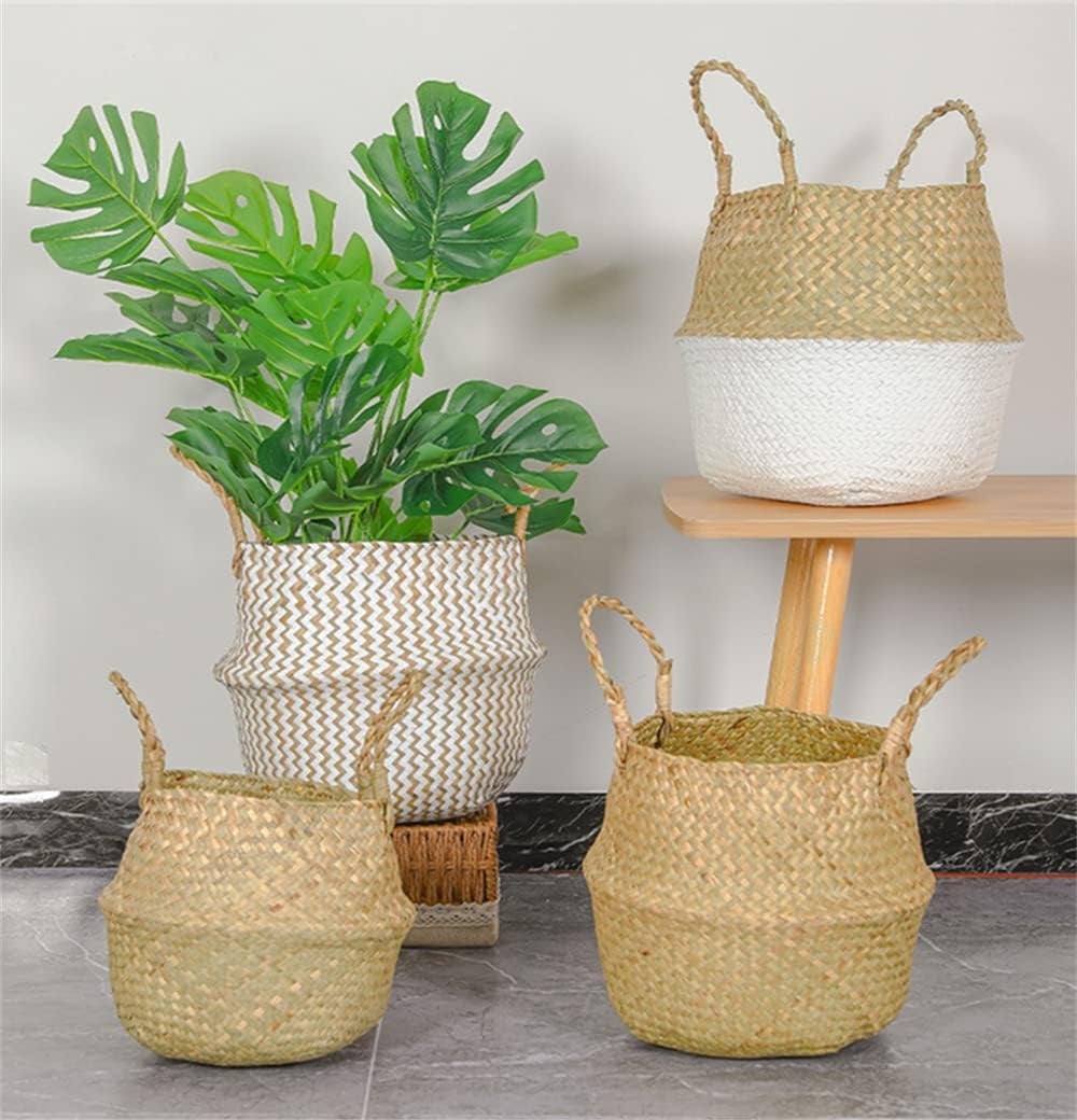 Seagrass Plant Basket with Handles, round Storage Wicker Basket (10.6Inch Diameter X 12.5Inch Height, Natural)