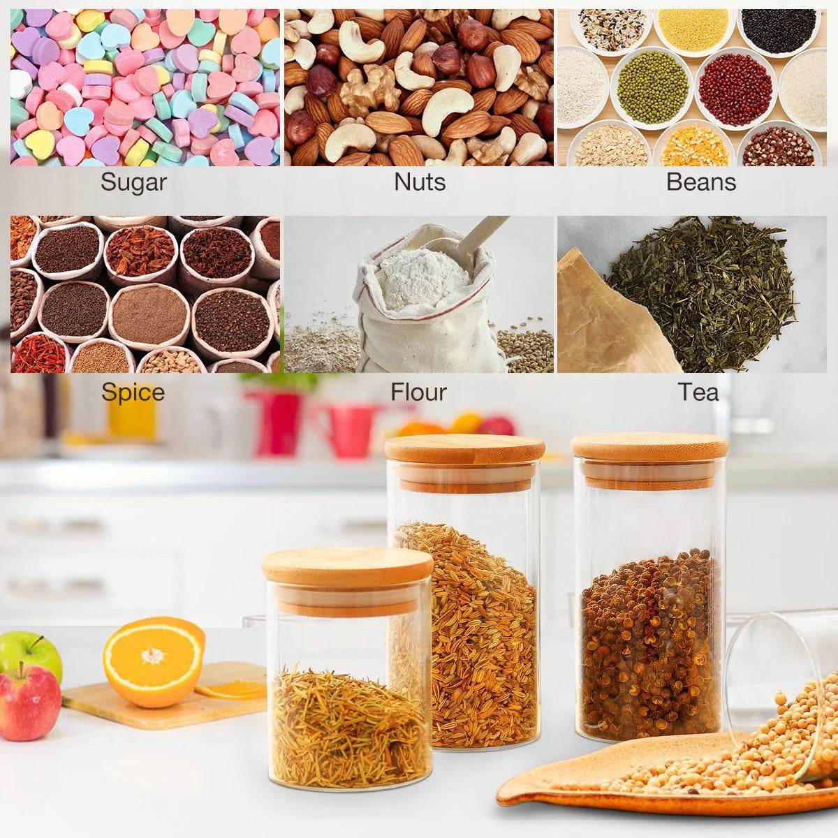 Glass Airtight Food Storage Canister with Measuring Spoon, Set of 10