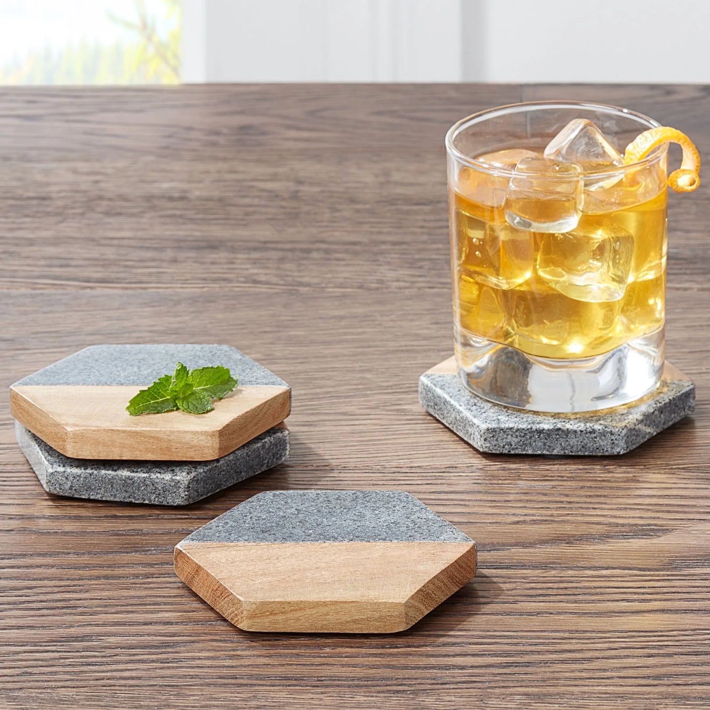4-Piece Wood and Stone Coaster Set