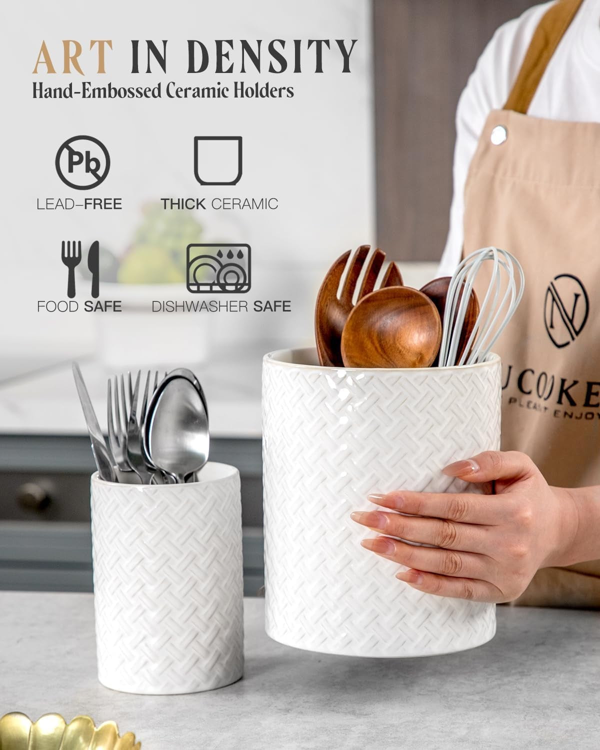 7.2"+5.4" Ceramic Utensil Holder for Kitchen Counter, Large Utensil Crock