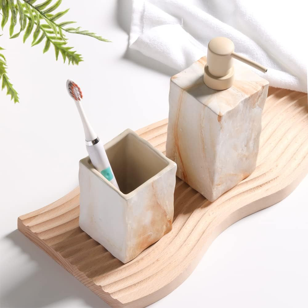 Bathroom Accessories Set 4 Pcs Marble Look Sets Toothbrush Holder Soap Dispenser Counter Top Ceramic Bathroom Decor Set Beige