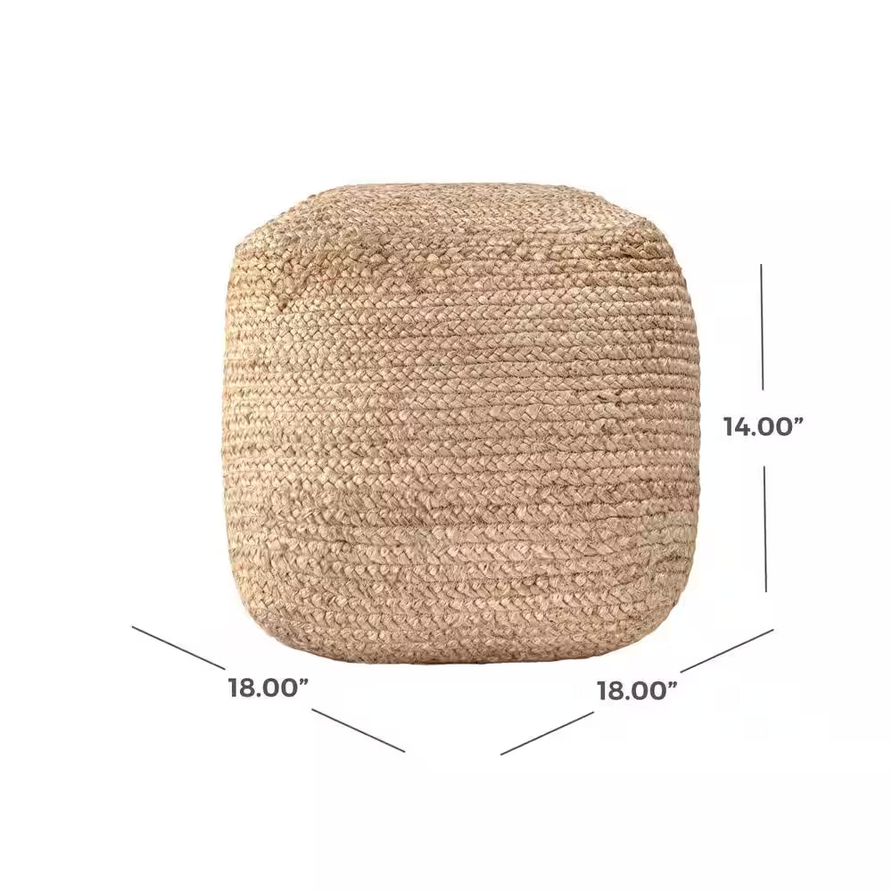 Cork Braided Solid Jute Filled Ottoman Natural Square Pouf