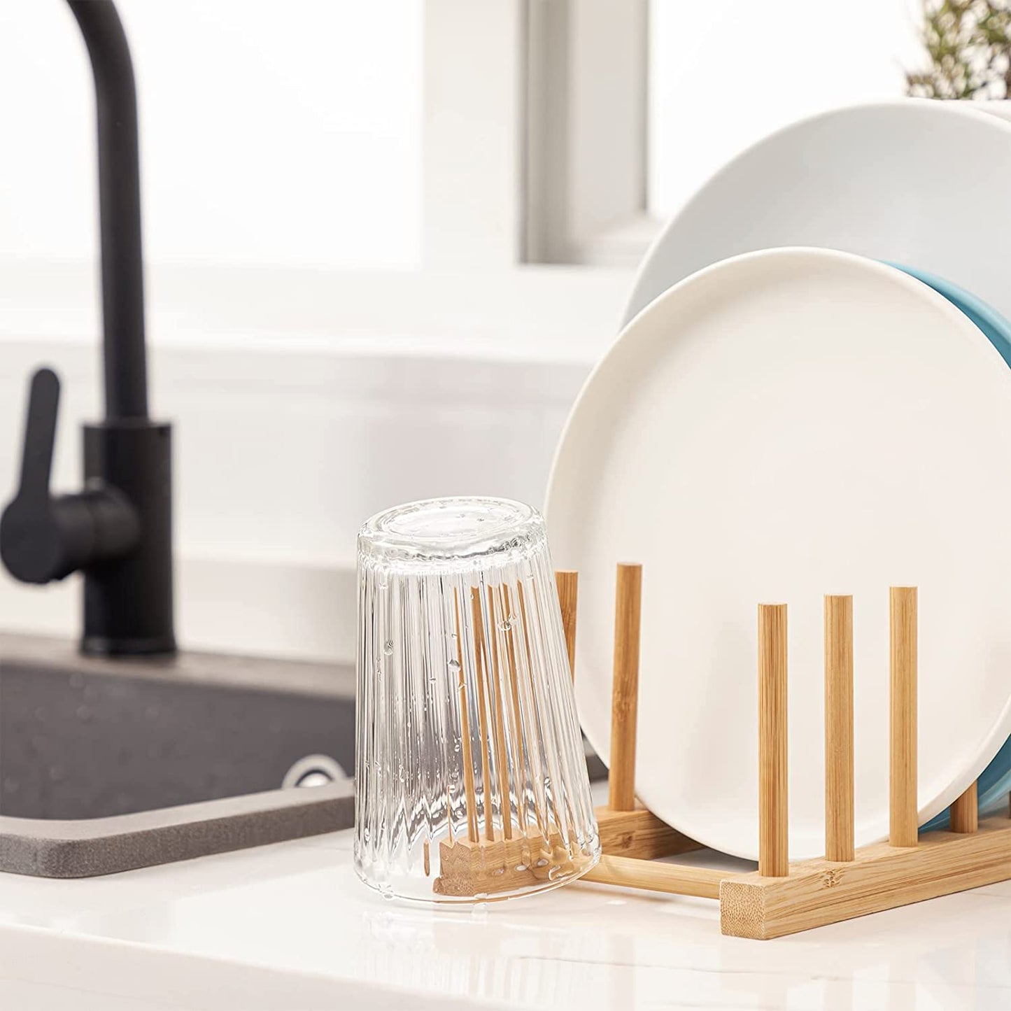 2Pcs Bamboo Dish Plate Bowl Cup Book Pot Lid Cutting Board Drying Rack Stand Drainer Storage Holder Organizer Kitchen Cabinet(Keep Dry)
