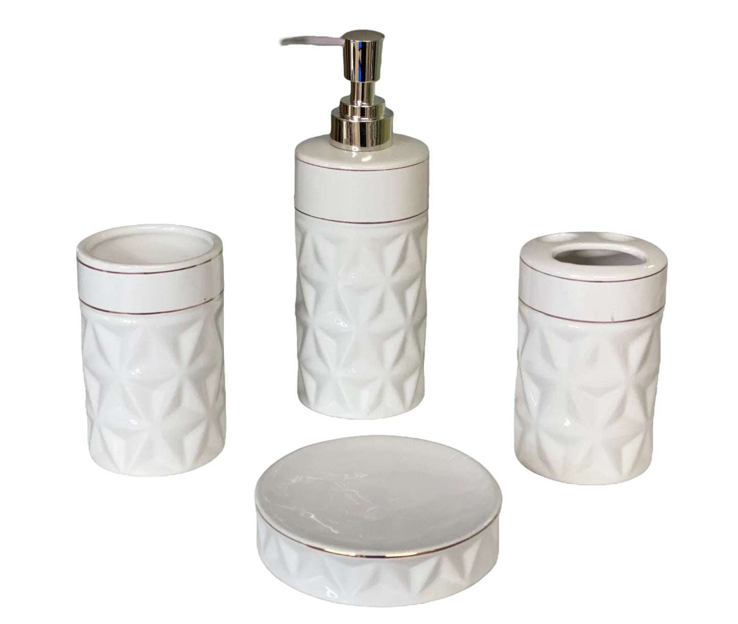 4 Piece Ceramic Bathroom Accessory Set, Toothbrush Holder, Soap Dispenser, Tummbler and Soap Dish