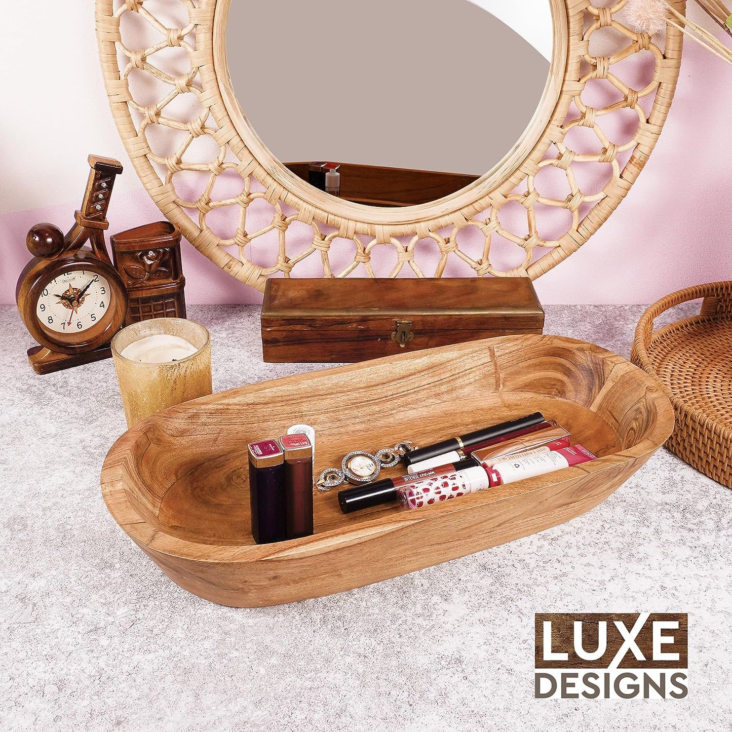 | Handmade Decorative Wooden Bowl for Home, Bathroom and Kitchen Counter | Acacia Wood Large Dough Bowl Fits Cosmetics, Keys & More | 17"L X 3" H X 8" W