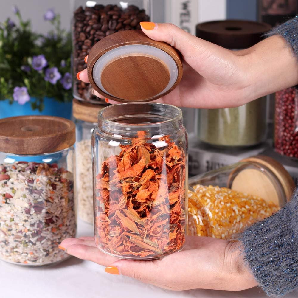 Stackable Kitchen Canisters Set of 8,High Borosilicate Glass Cylinder Airtight Food Storage, Sort Out the Tea, Flour, Candies, Grain Easily and Clearly