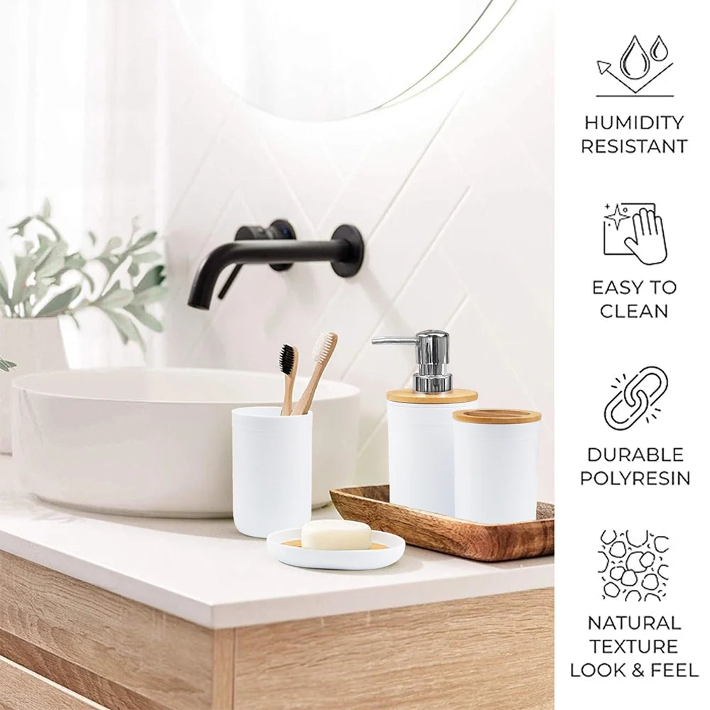6-Piece Bamboo Bathroom Accessory Set, Modern White