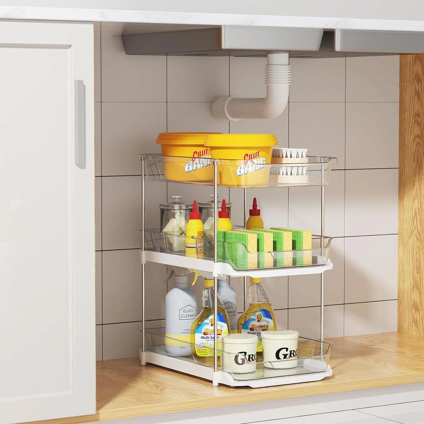 3-Tier Multi-Purpose Bathroom under Sink Organizers and Storage, Stackable Clear Pantry Organization and Storage, Pull Out Kitchen Cabinet Organizer with Movable Dividers