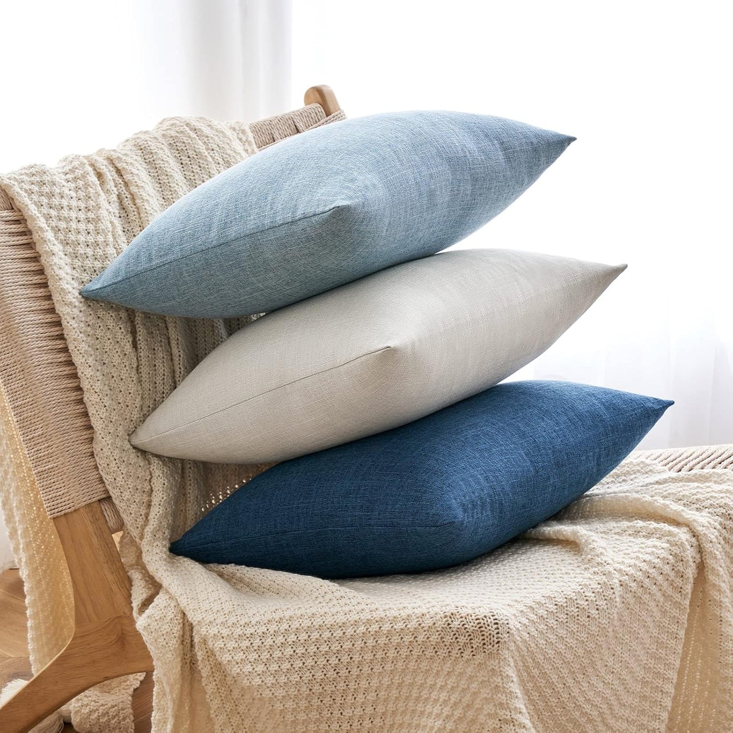 Pack of 2 Decorative Linen Burlap Coastal Pillow Covers Farmhouse Boho Accent Pillowcases for Sofa Car Couch Bedroom Living Room Home Decor 18X18 Inch Light Blue