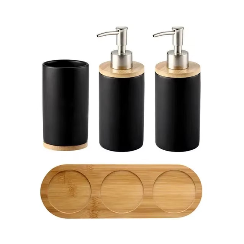 Ceramic Bathroom Accessories Set with Bamboo Tray for Bathroom Kitchen Countertop Includes Soap Dispenser Toothbrush Holder
