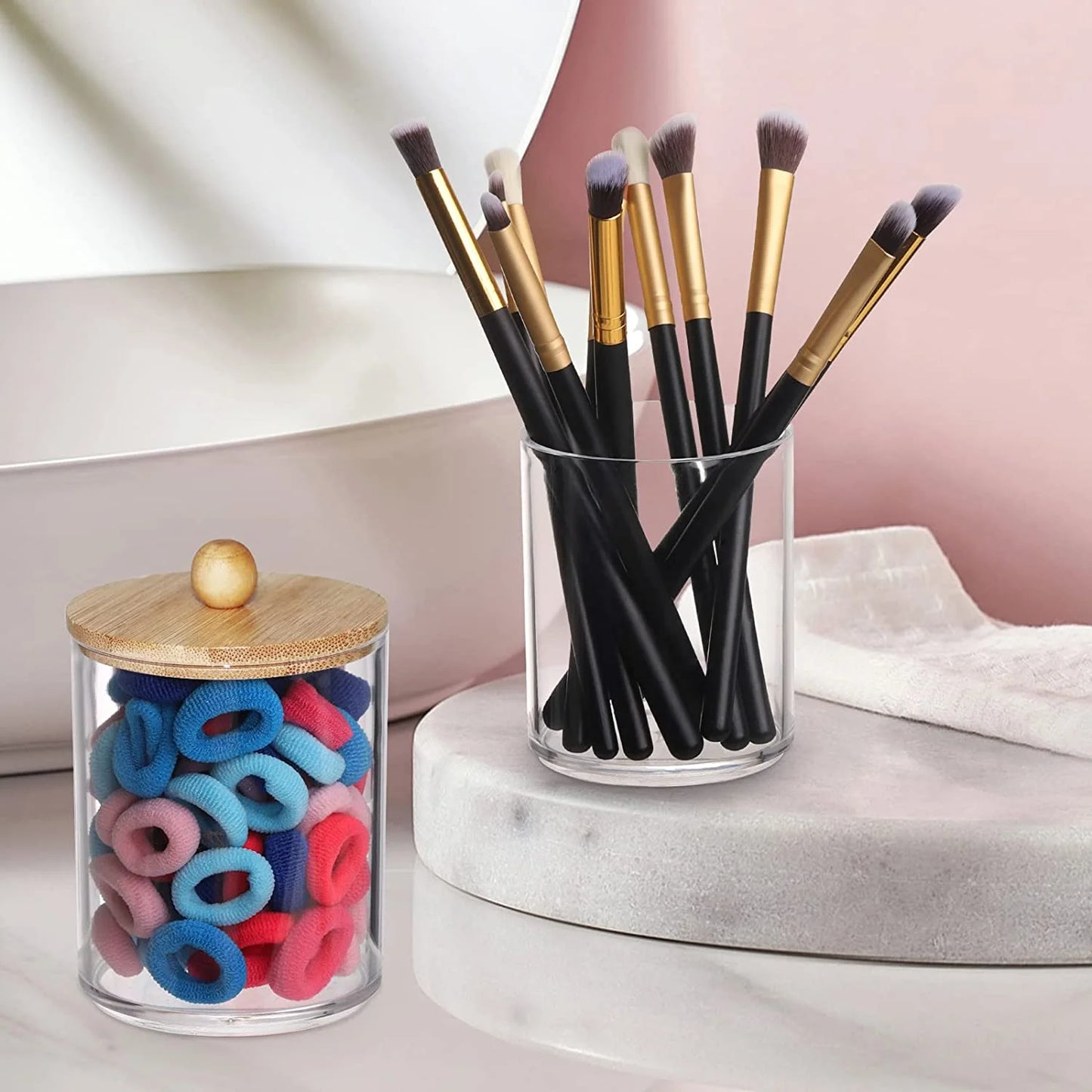 4 Pack Qtip Holder Dispenser with Bamboo Lids - Clear Plastic Apothecary Jar for Makeup Storage - Bathroom Set