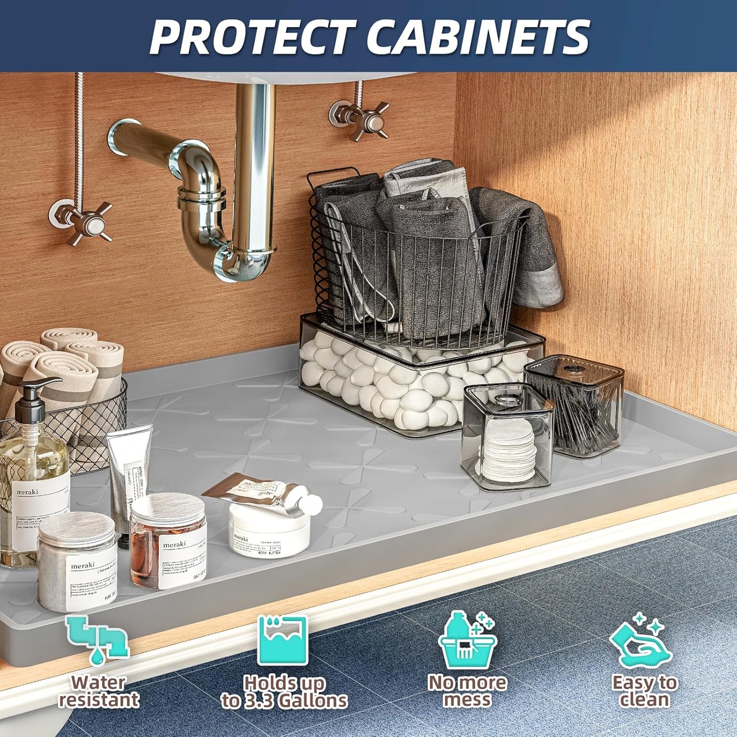34" X 22" under Sink Mat Waterproof, Silicone Mat Kitchen Drawer Shelf and Cabinet Liner, Sink Protector for Kitchen Organizers and Storage, Boot Tray Pet Food Mats