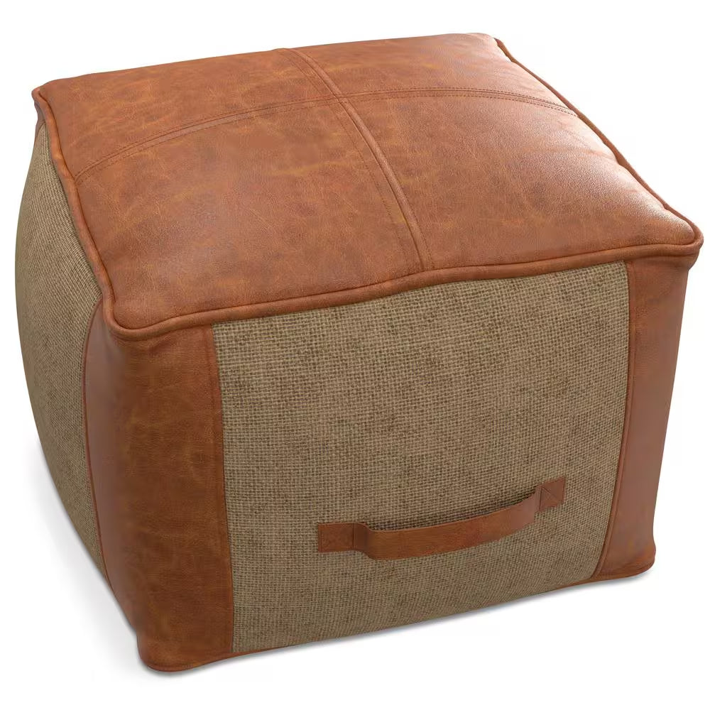 Atkinson Boho Tan Genuine Leather Square Pouf