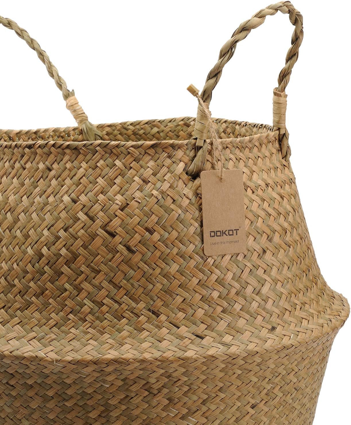 Seagrass Plant Basket with Handles, round Storage Wicker Basket (10.6Inch Diameter X 12.5Inch Height, Natural)