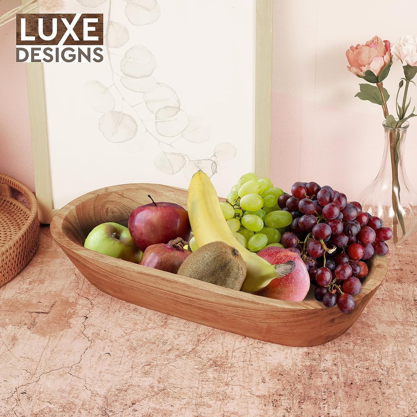 | Handmade Decorative Wooden Bowl for Home, Bathroom and Kitchen Counter | Acacia Wood Large Dough Bowl Fits Cosmetics, Keys & More | 17"L X 3" H X 8" W