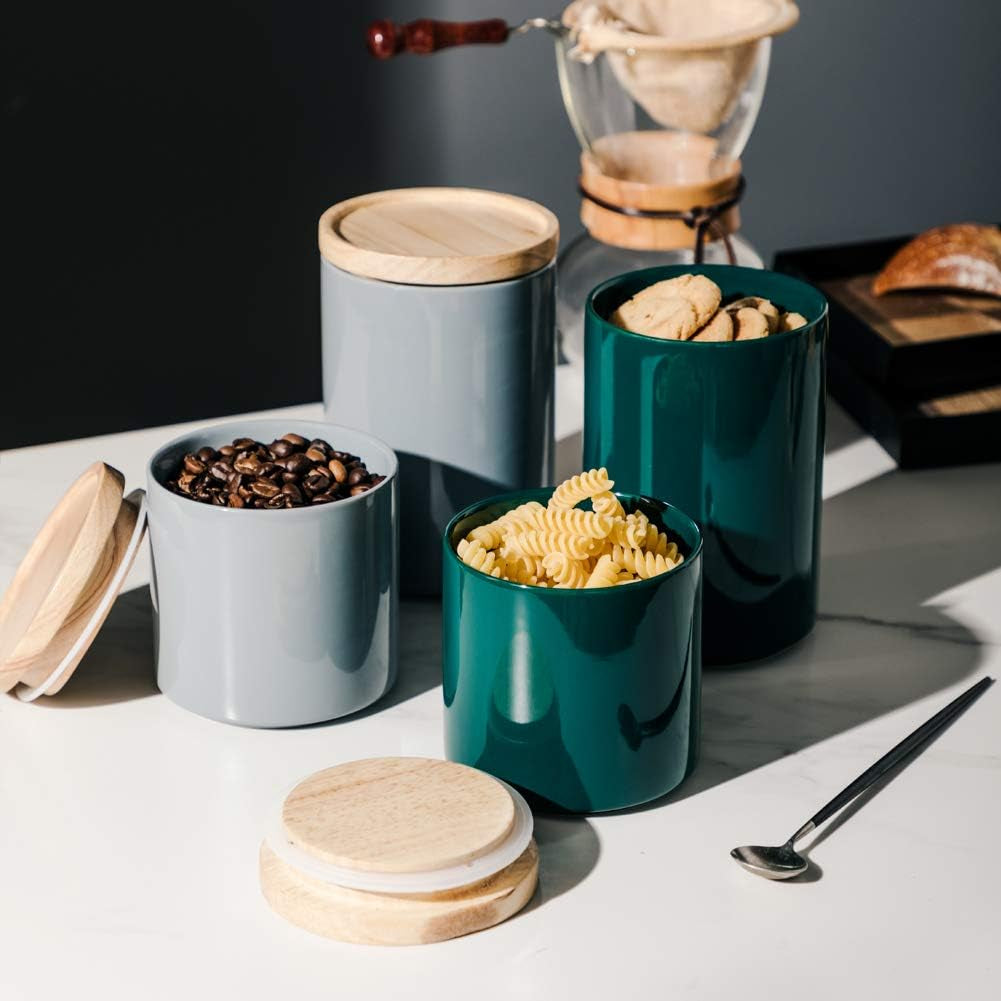 Kitchen Canisters Ceramic Food Storage Jar, Stackable Containers with Airtight Seal Wooden Lid for Serving Ground Coffee, Tea, Sugar, Salt and More - 28 Fl Oz (Gray)