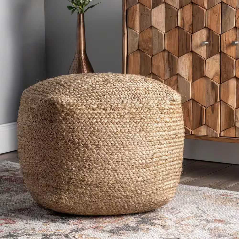 Cork Braided Solid Jute Filled Ottoman Natural Square Pouf