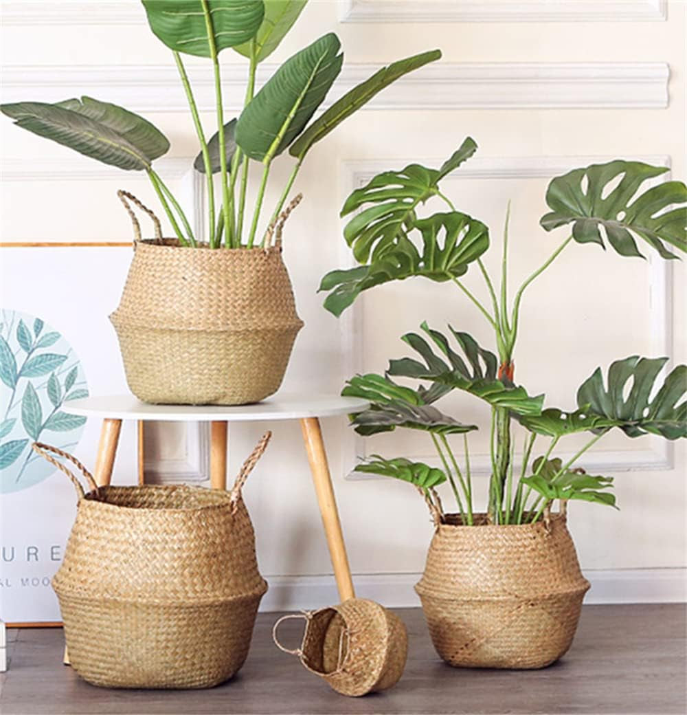 Seagrass Plant Basket with Handles, round Storage Wicker Basket (10.6Inch Diameter X 12.5Inch Height, Natural)