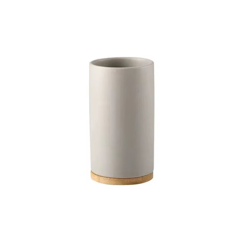 Ceramic Bathroom Accessories Set with Bamboo Tray for Bathroom Kitchen Countertop Includes Soap Dispenser Toothbrush Holder