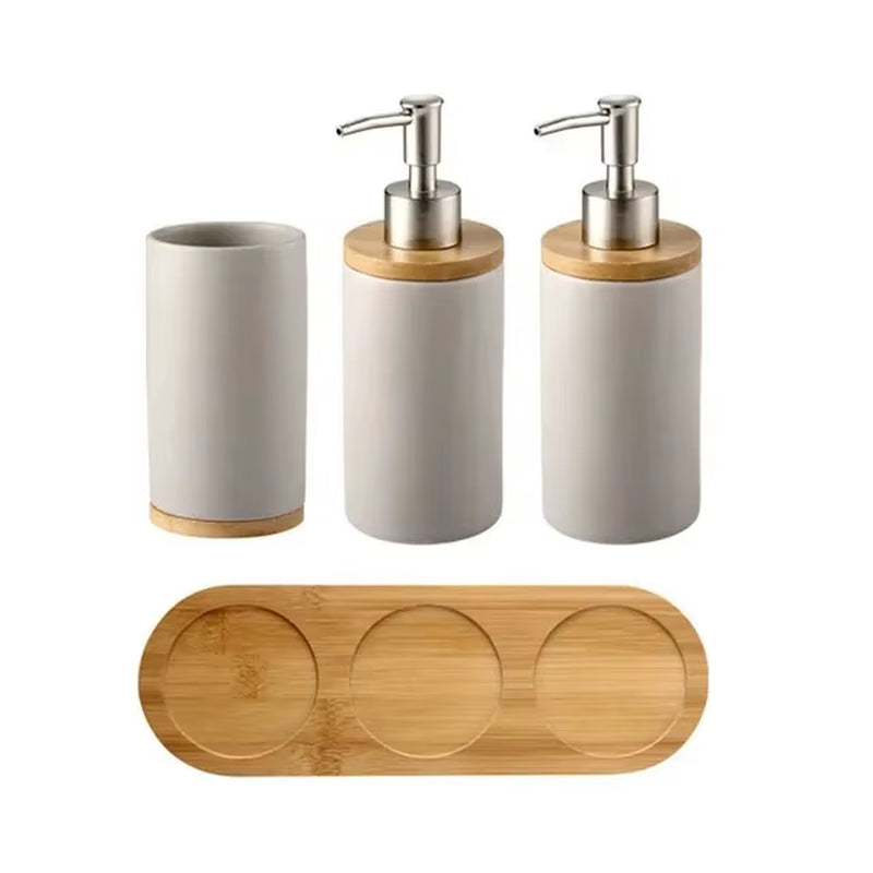 Ceramic Bathroom Accessories Set with Bamboo Tray for Bathroom Kitchen Countertop Includes Soap Dispenser Toothbrush Holder
