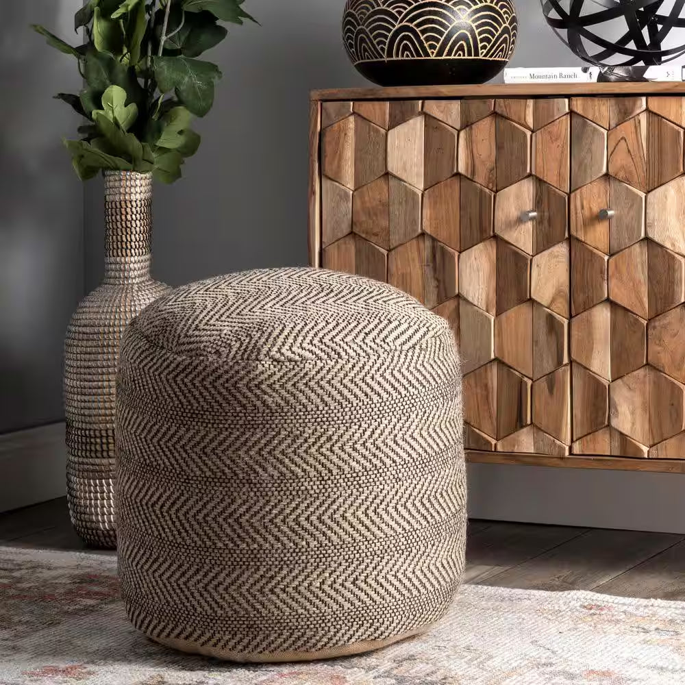Exeter Chevron Braided Jute Filled Ottoman Natural round Pouf