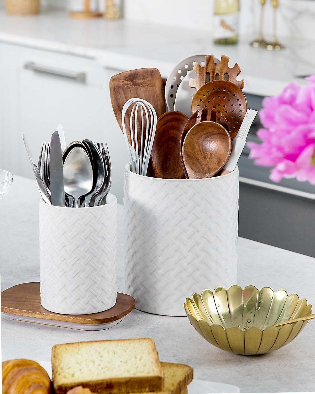 7.2"+5.4" Ceramic Utensil Holder for Kitchen Counter, Large Utensil Crock