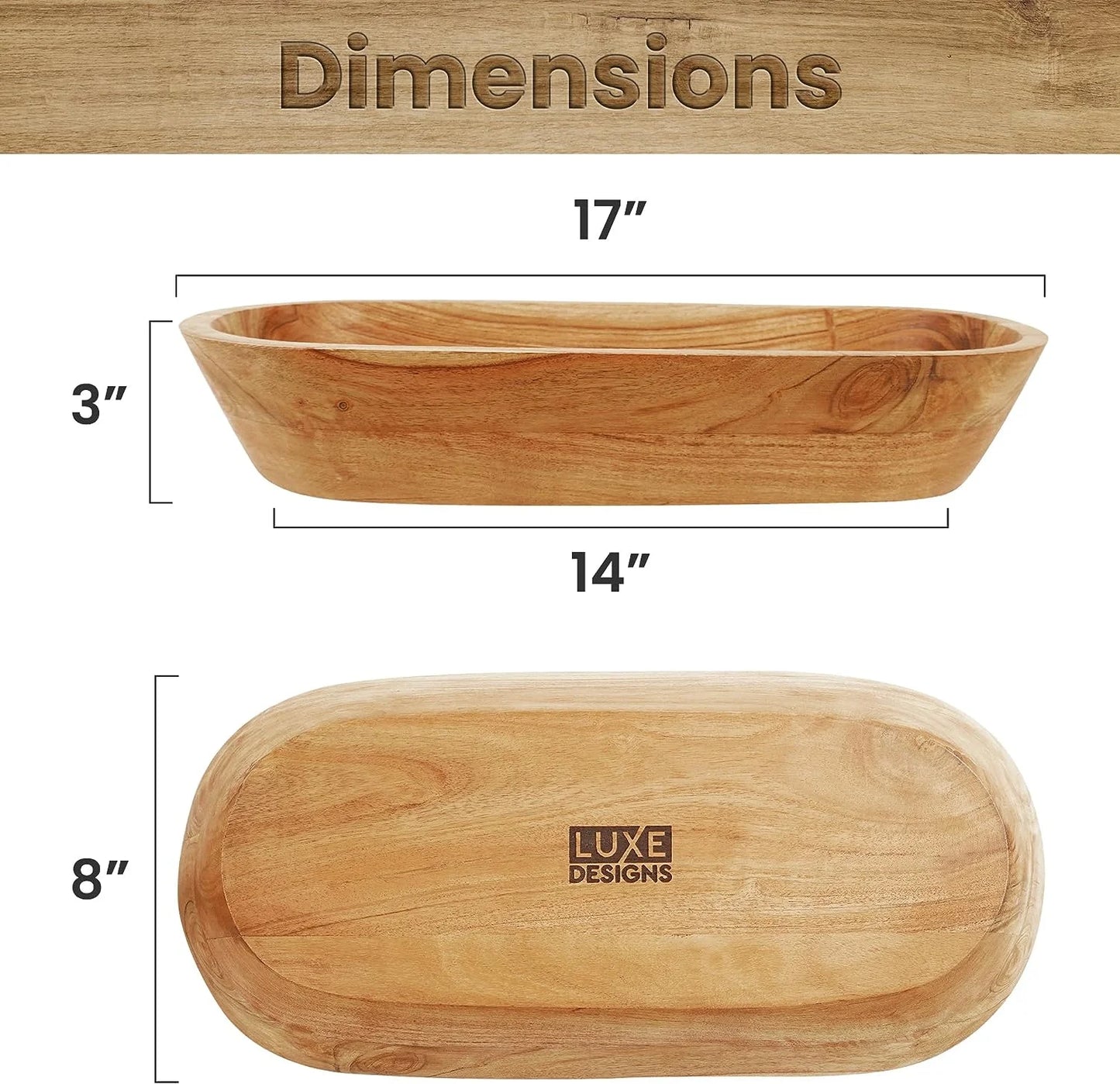 | Handmade Decorative Wooden Bowl for Home, Bathroom and Kitchen Counter | Acacia Wood Large Dough Bowl Fits Cosmetics, Keys & More | 17"L X 3" H X 8" W