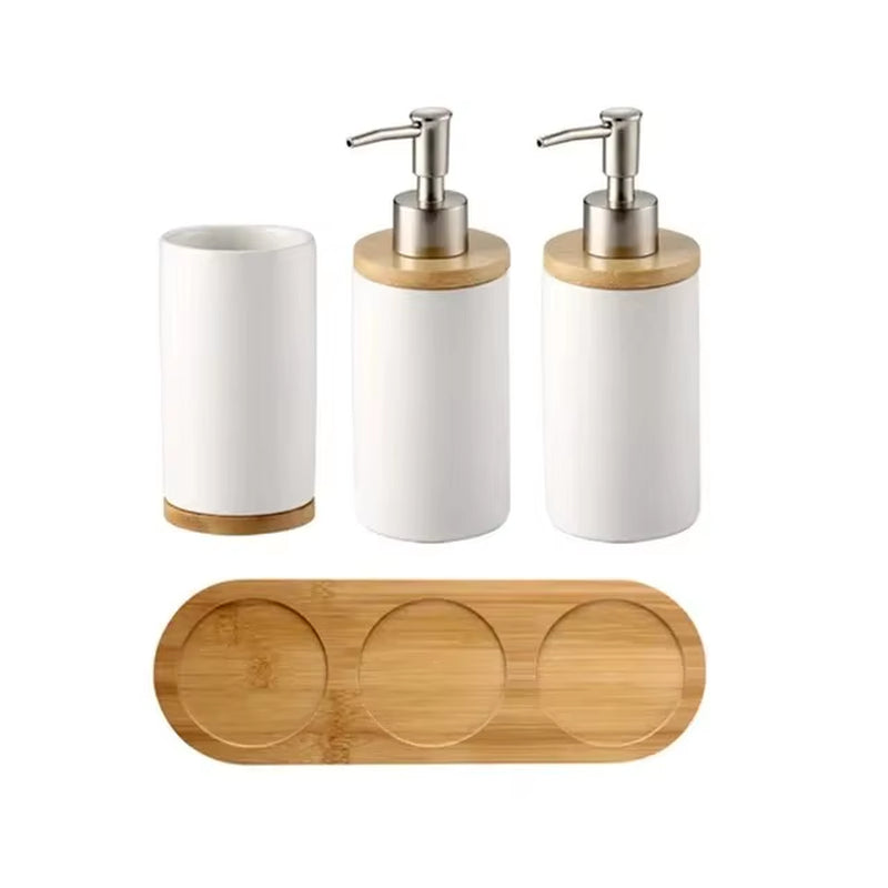 Ceramic Bathroom Accessories Set with Bamboo Tray for Bathroom Kitchen Countertop Includes Soap Dispenser Toothbrush Holder