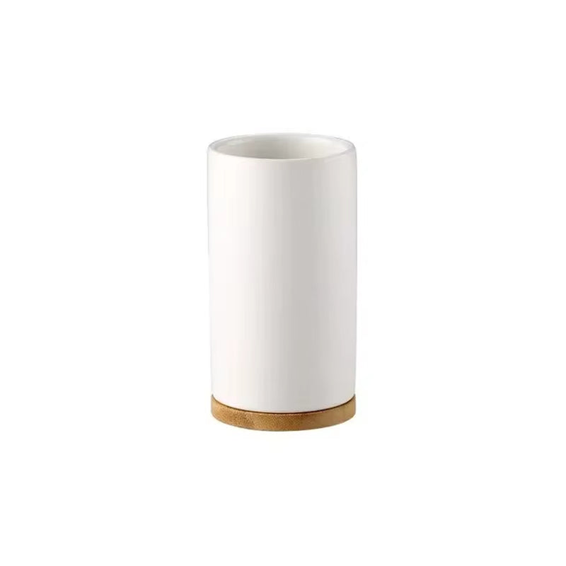 Ceramic Bathroom Accessories Set with Bamboo Tray for Bathroom Kitchen Countertop Includes Soap Dispenser Toothbrush Holder