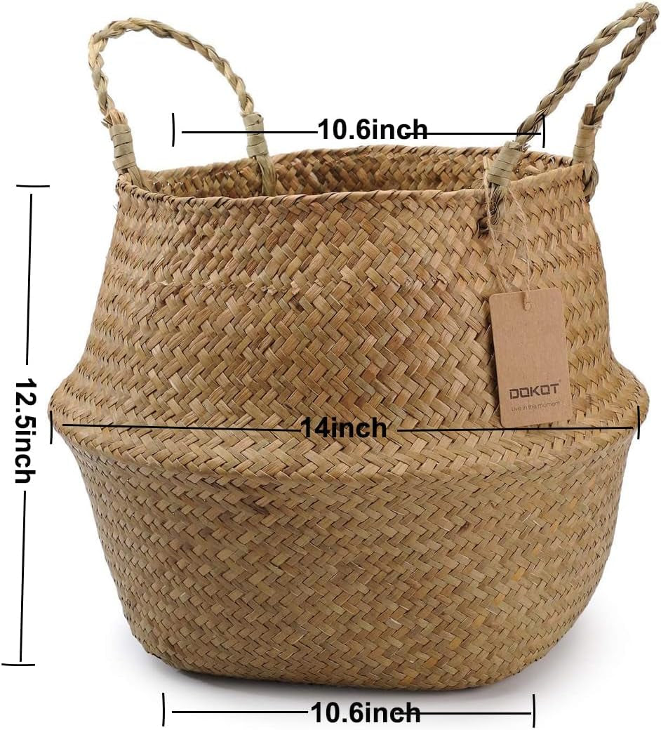 Seagrass Plant Basket with Handles, round Storage Wicker Basket (10.6Inch Diameter X 12.5Inch Height, Natural)
